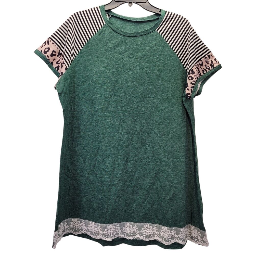 Women's Green Reglan Short Sleeve Top Lace Hem Stripped Sleeve Size X-Large